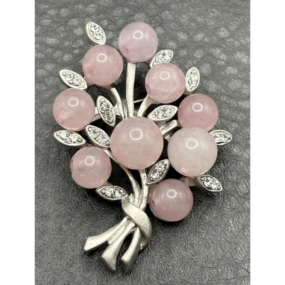 Vintage Style Pink Glass Cluster Rhinestone Brooch Pin Silver Tone